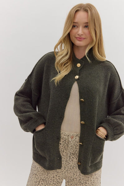 defining moment mock neck cardigan | olive