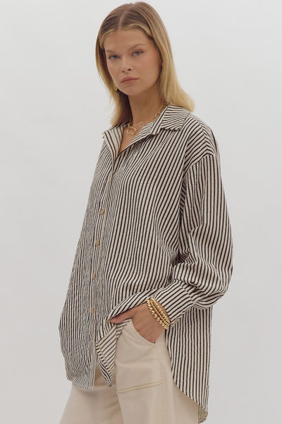 elevated classic striped button up | black + cream