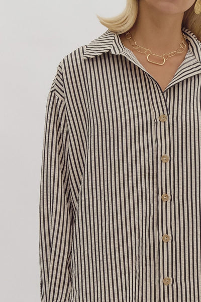elevated classic striped button up | black + cream