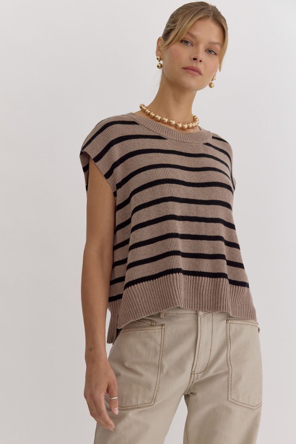 classic contrast striped top | light mocha