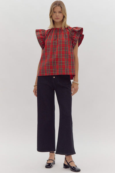 all is calm plaid ruffle sleeve top | red