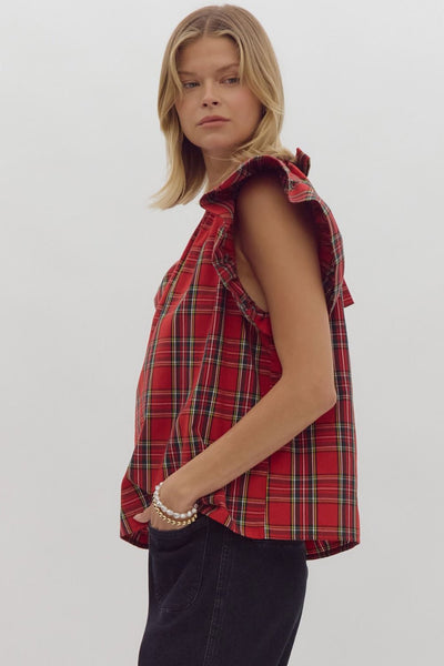 all is calm plaid ruffle sleeve top | red