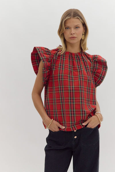 all is calm plaid ruffle sleeve top | red