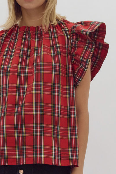 all is calm plaid ruffle sleeve top | red