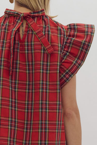 all is calm plaid ruffle sleeve top | red