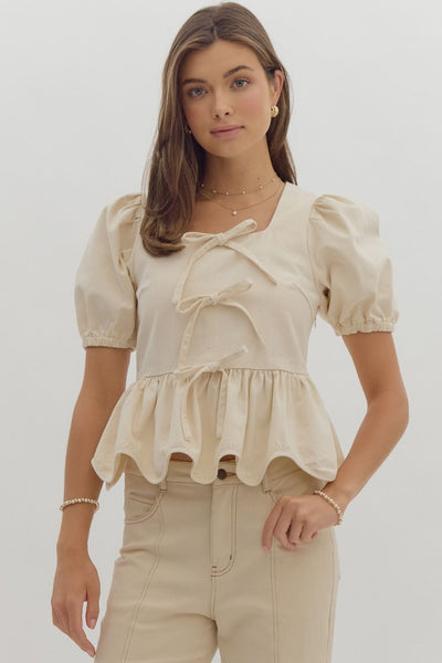 subtle charmer puff sleeve peplum top | ecru