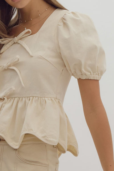 subtle charmer puff sleeve peplum top | ecru