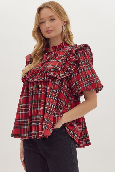 merry moments plaid ruffle top | red