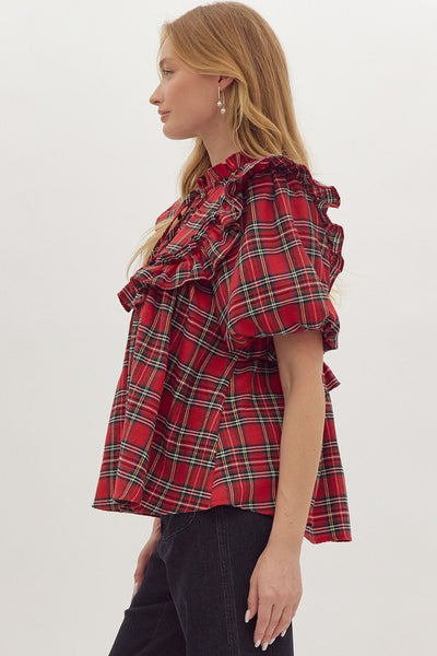 merry moments plaid ruffle top | red