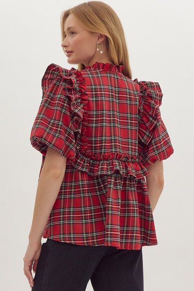 merry moments plaid ruffle top | red