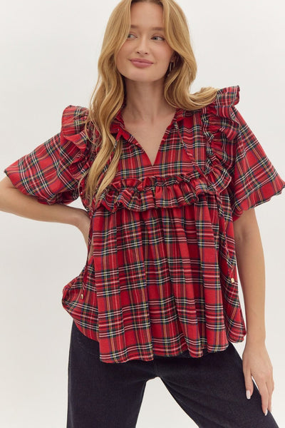 merry moments plaid ruffle top | red