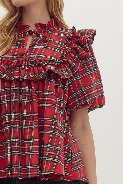 merry moments plaid ruffle top | red