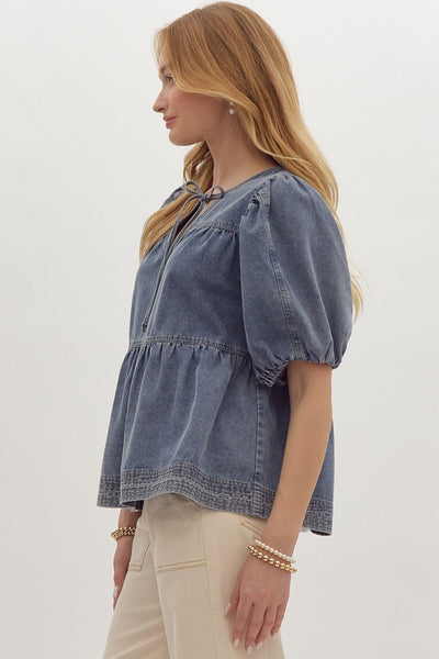 better be good denim bubble sleeve top | light wash