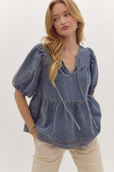 better be good denim bubble sleeve top | light wash