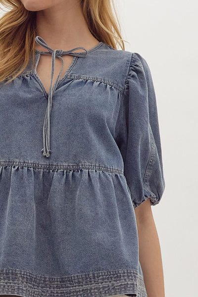 better be good denim bubble sleeve top | light wash