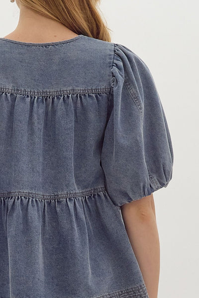 better be good denim bubble sleeve top | light wash