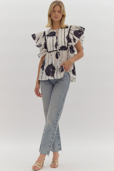 take a moment ruffle sleeve top | black + white