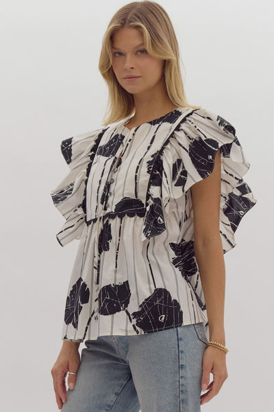 take a moment ruffle sleeve top | black + white