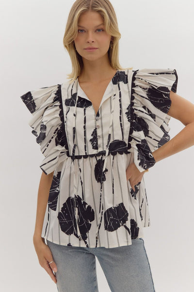 take a moment ruffle sleeve top | black + white