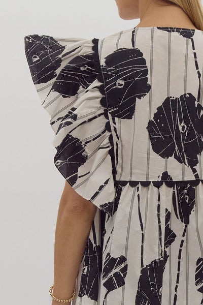 take a moment ruffle sleeve top | black + white