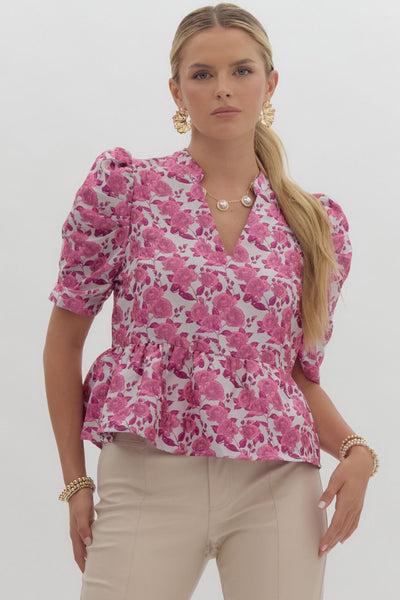 hopeless romantic floral jacquard peplum top | pink