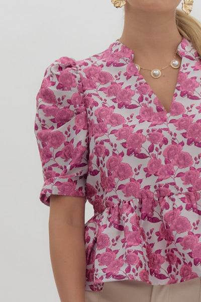 hopeless romantic floral jacquard peplum top | pink