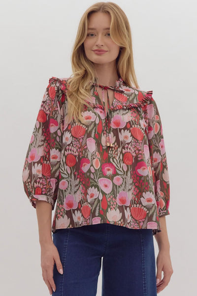 wonders await floral poplin top | ruby