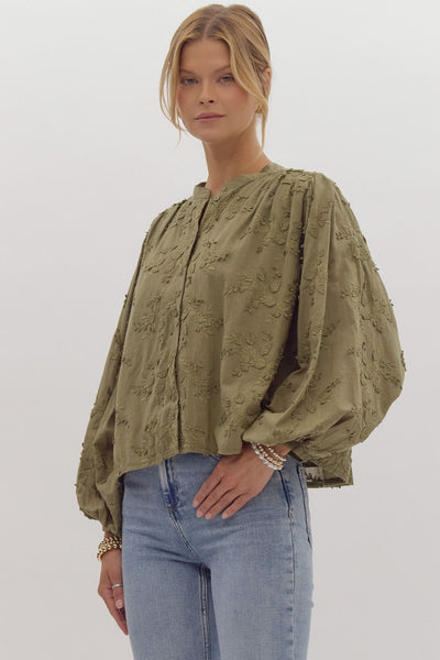 legacy of luxury floral appliqué top | olive