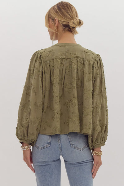 legacy of luxury floral appliqué top | olive