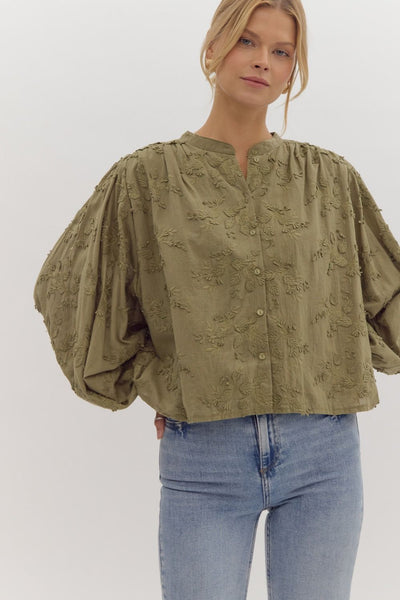 legacy of luxury floral appliqué top | olive