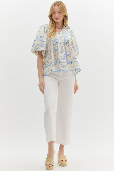 oasis of calm floral bubble sleeve top | blue
