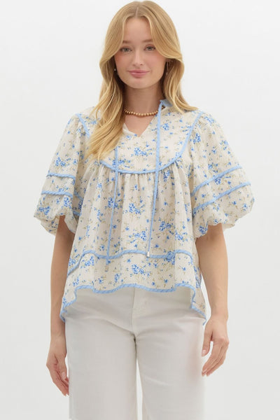 oasis of calm floral bubble sleeve top | blue