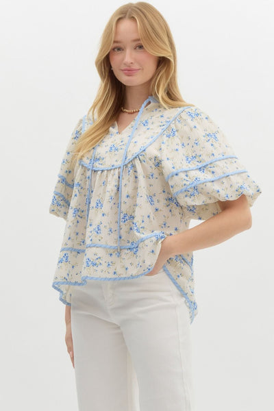 oasis of calm floral bubble sleeve top | blue