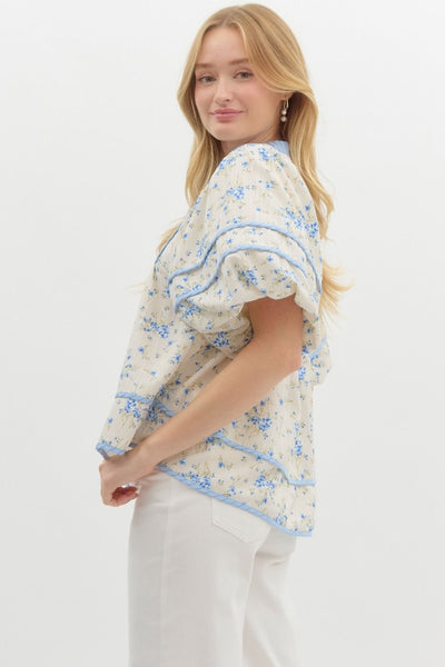 oasis of calm floral bubble sleeve top | blue