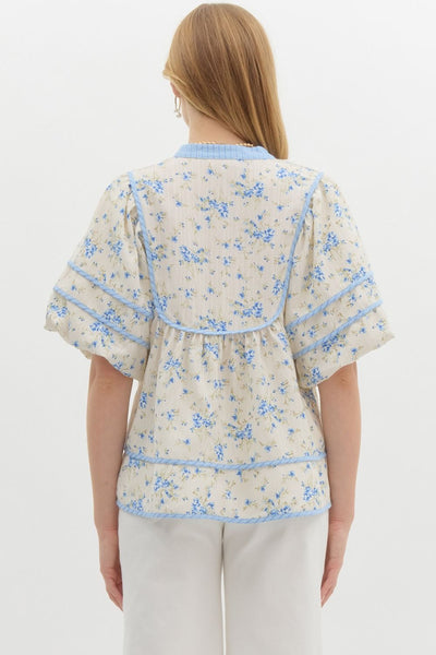 oasis of calm floral bubble sleeve top | blue