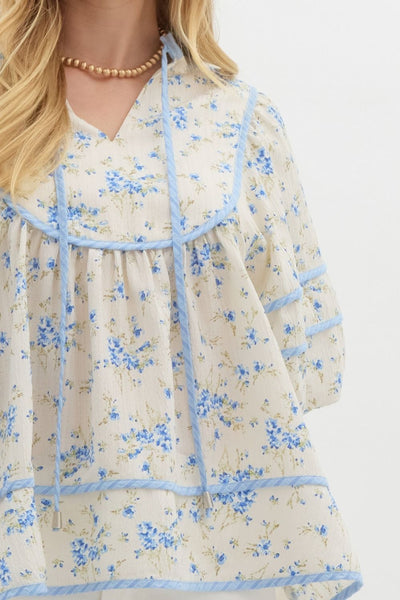 oasis of calm floral bubble sleeve top | blue