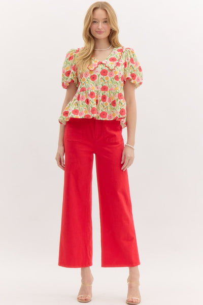 floral haven bubble sleeve peplum top | red
