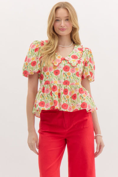 floral haven bubble sleeve peplum top | red
