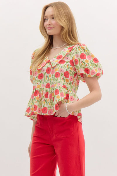floral haven bubble sleeve peplum top | red
