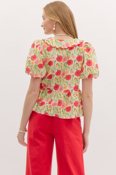 floral haven bubble sleeve peplum top | red