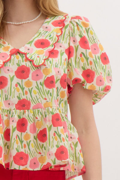floral haven bubble sleeve peplum top | red