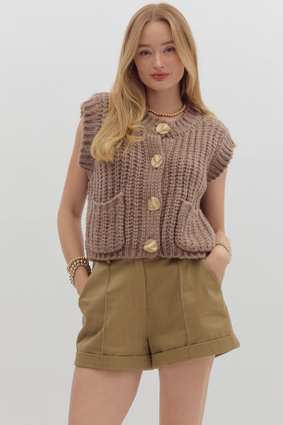 meant to be noticed sleeveless knit cardigan | mocha mousse