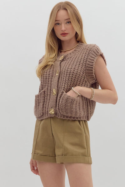 meant to be noticed sleeveless knit cardigan | mocha mousse