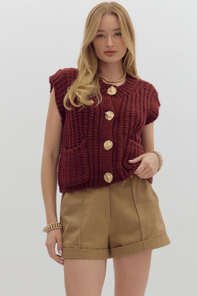 meant to be noticed sleeveless knit cardigan | burgundy