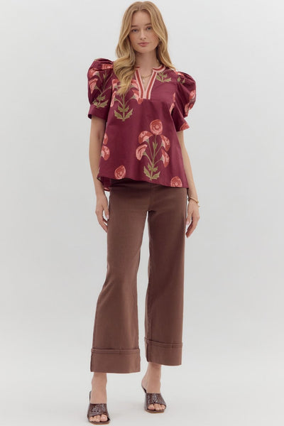 spinning the story floral puff sleeve top | wine