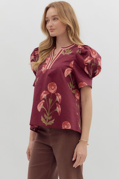 spinning the story floral puff sleeve top | wine