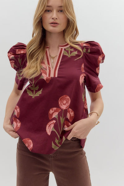 spinning the story floral puff sleeve top | wine