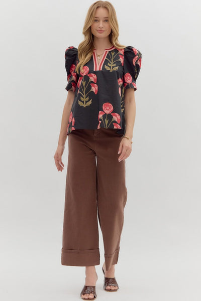 spinning the story floral puff sleeve top | black