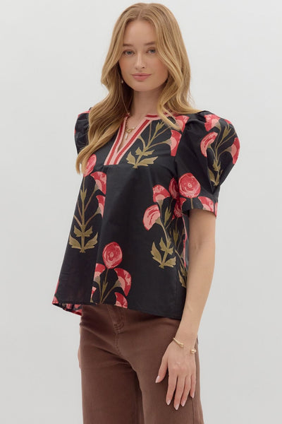 spinning the story floral puff sleeve top | black