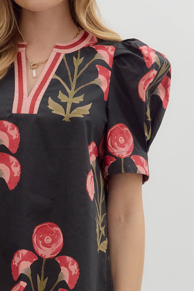 spinning the story floral puff sleeve top | black